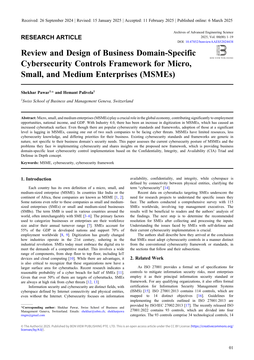 Research Paper with title Review and Design of Business Domain-Specific Cybersecurity Controls Framework for Micro, Small, and Medium Enterprises (MSMEs) published in Journal Archives of Advanced Engineering Science, Singapore