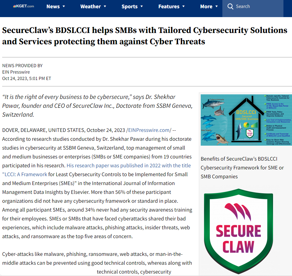 SecureClaw’s BDSLCCI helps SMBs with Tailored Cybersecurity Solutions and Services protecting them against Cyber Threats