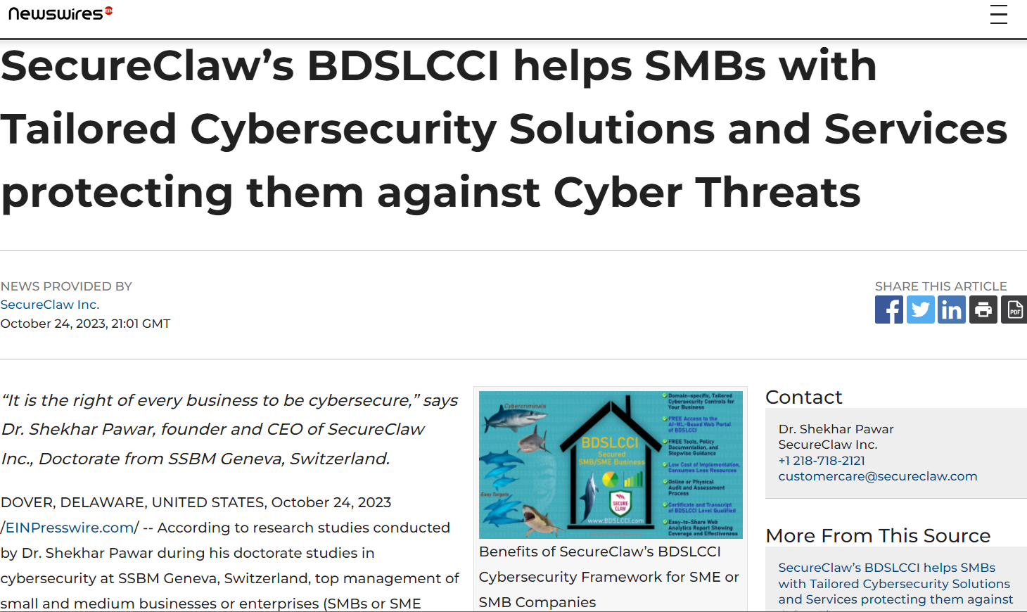 SecureClaw’s BDSLCCI helps SMBs with Tailored Cybersecurity Solutions and Services protecting them against Cyber Threats